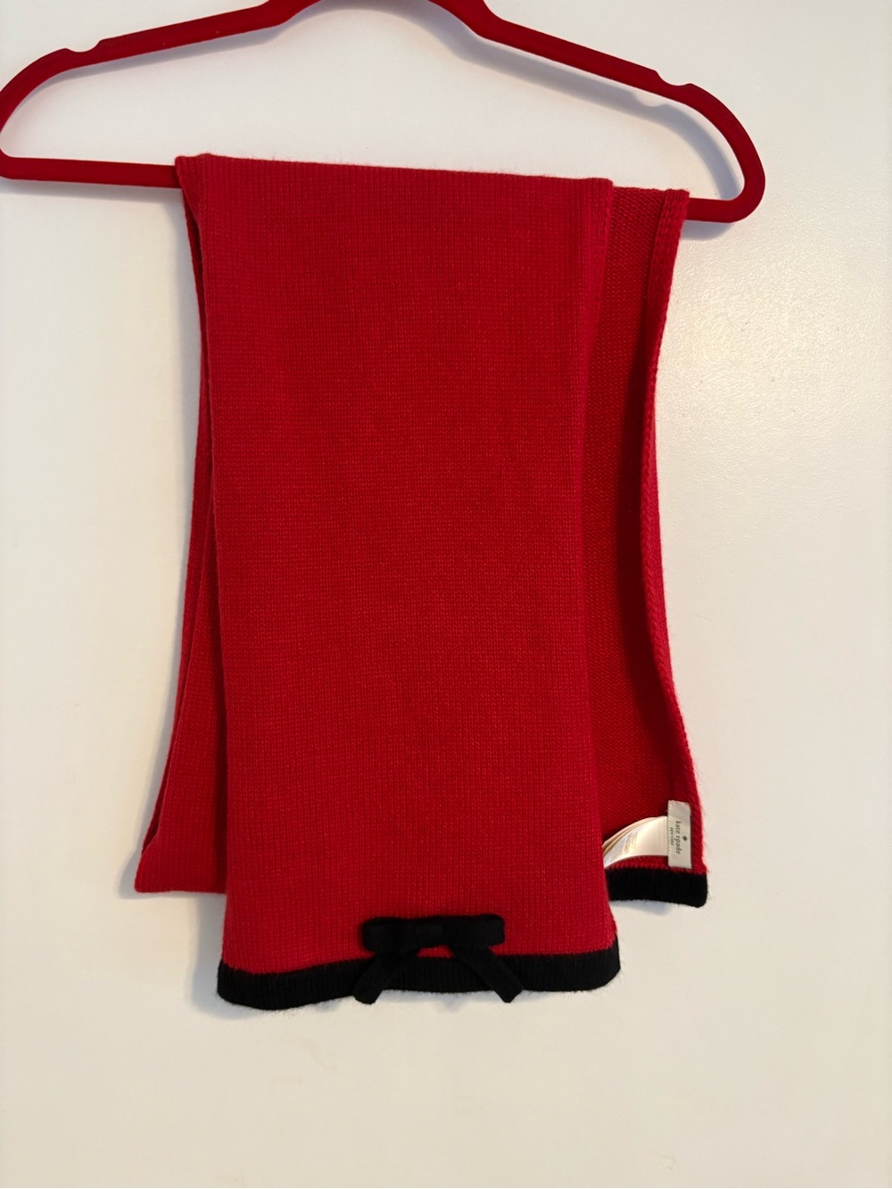 kate spade Red Knit Scarf with Black Trim and Bow Accent